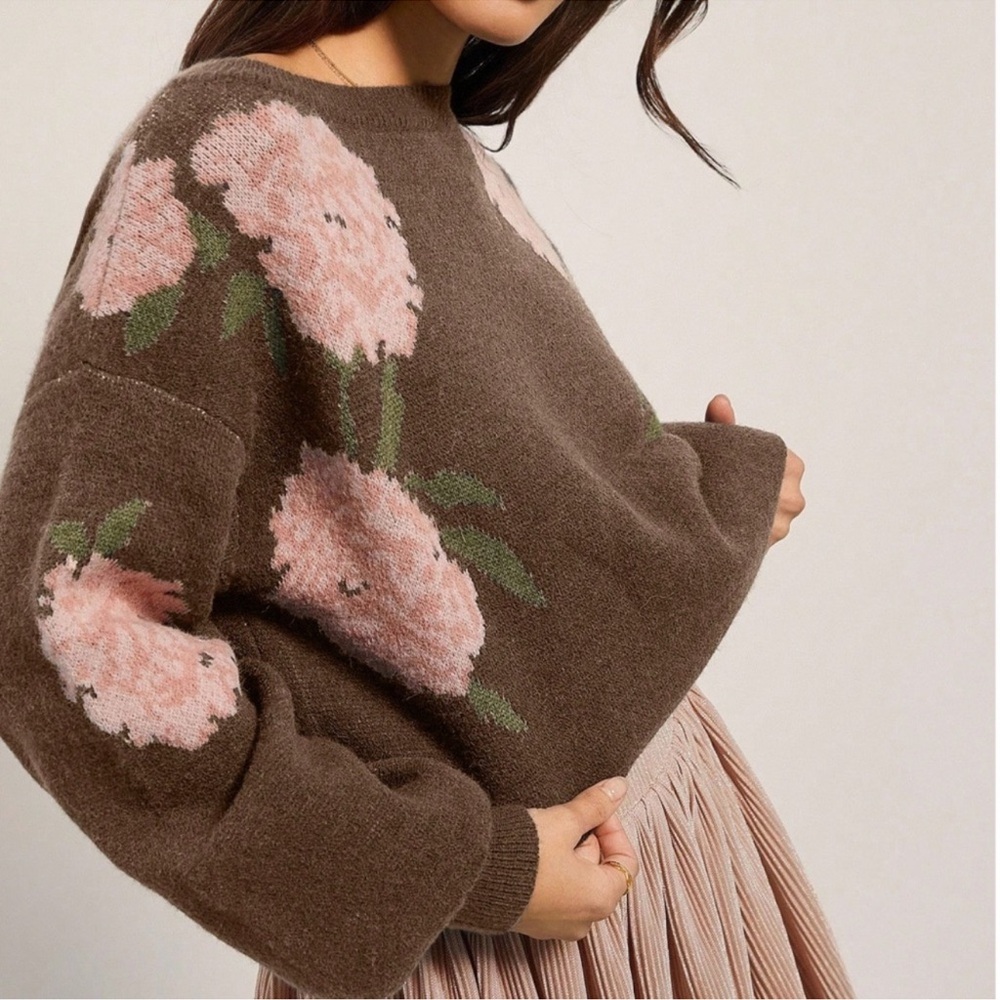 Cozy Floral Print Round Neck Loose Fit Sweater Top XS S M L XL